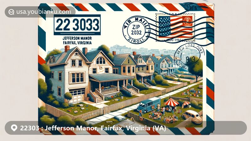 Modern illustration of Jefferson Manor, Fairfax, Virginia, featuring air mail envelope theme with postal stamp, postmark, and ZIP Code 22303. Depicts WWII veteran-built neighborhood, 1940s architecture, and community spirit.