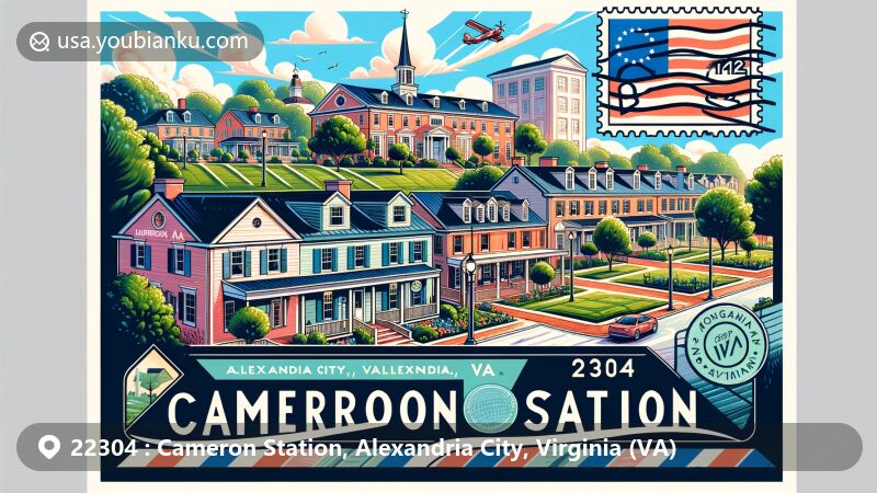 Modern illustration of Cameron Station, Alexandria City, Virginia, highlighting postal theme with ZIP code 22304, featuring state flag, colonial-style townhomes, and lush parks.