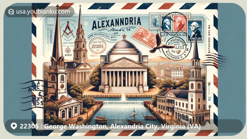 Modern illustration of George Washington, Alexandria City, Virginia (VA), showcasing ZIP code 22305 with iconic landmarks like George Washington Masonic National Memorial, Alexandria Historic District, Christ Church, Gadsby's Tavern, and Franklin and Armfield Office, featuring vintage postal elements and Virginia state flag.