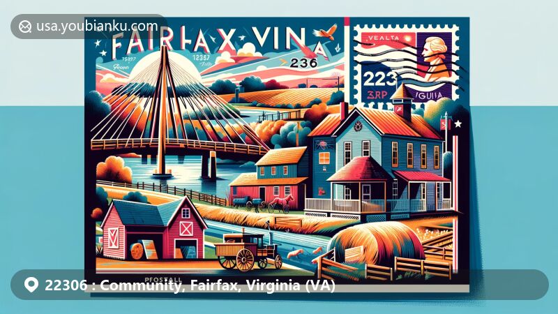 Modern illustration of Fairfax, Virginia, ZIP code 22306, blending postal theme with iconic landmarks like the Van Gogh Bridge, historic one-room schoolhouse, and rural farm life, reflecting area's rich history and diversity.