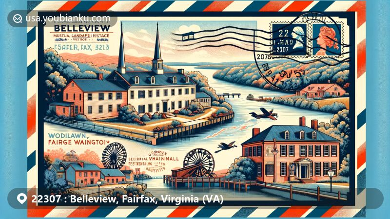 Modern illustration of Belleview, Fairfax, Virginia, highlighting Woodlawn Cultural Landscape Historic District with Woodlawn Plantation, George Washington's Grist Mill, and Belle Haven residential area, incorporating postal theme with vintage air mail envelope, stamps, postmark (ZIP code 22307).