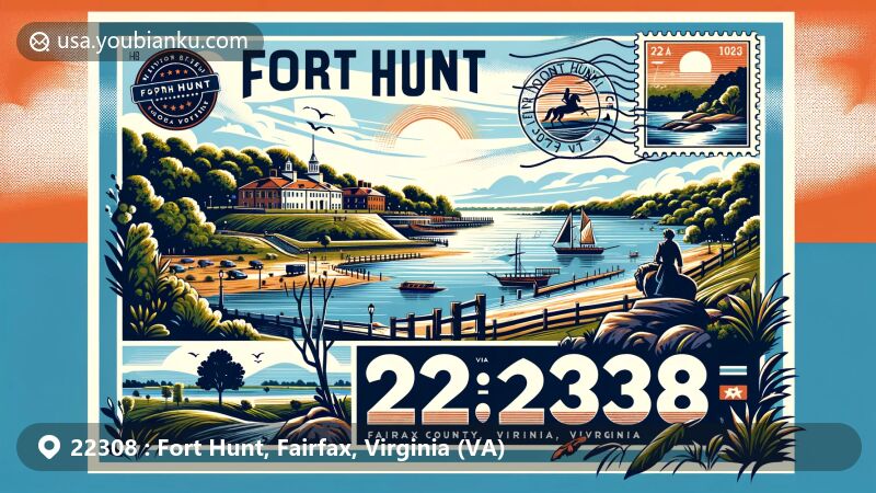 Modern illustration of Fort Hunt, Fairfax County, Virginia, with ZIP code 22308, showcasing Fort Hunt Park and the Potomac River, blending historical significance and natural beauty. Features illustrate area's history, outdoor activities, and proximity to Washington D.C.