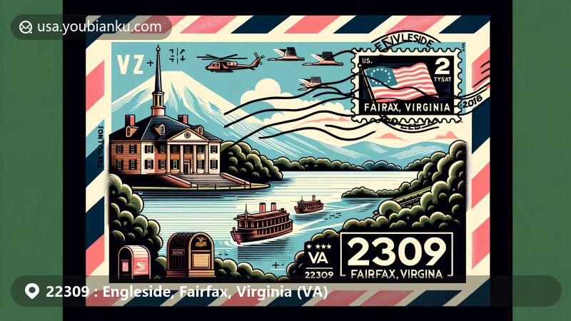 Modern illustration of Engleside, Fairfax County, Virginia, featuring iconic Mount Vernon and Potomac River, designed in a wide-format style with a vintage airmail envelope theme incorporating postal elements like a Virginia state flag stamp, postmark '22309', and traditional mailbox.