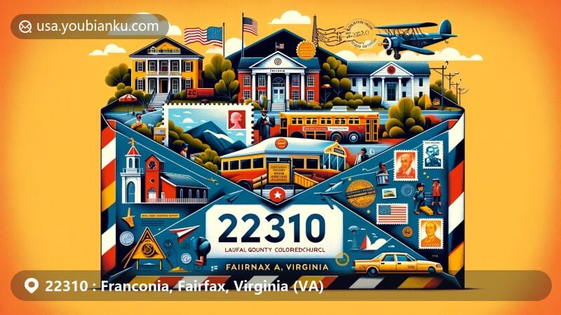 Modern illustration of Franconia, Fairfax County, Virginia, featuring airmail envelope with ZIP code 22310, showcasing Civil War history, Laurel Grove Colored School and Church, and LEGO Discovery Center.
