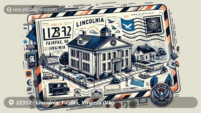 Modern illustration of Lincolnia area in Fairfax County, Virginia, depicting a vintage airmail envelope with iconic state symbols, historical schoolhouse, diverse community, stamps, postmark '22312 Lincolnia, VA,' and a postal delivery truck. Open envelope reveals sketches of local landmarks and nature, symbolizing connectivity and community spirit.