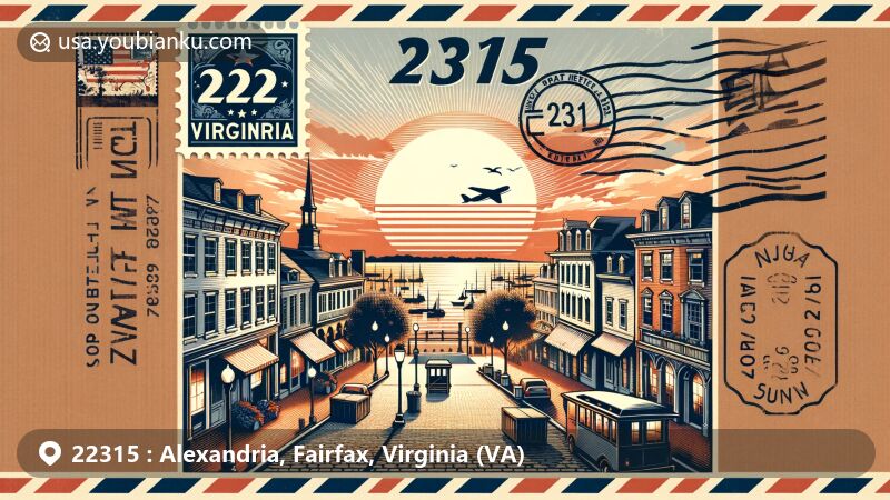 Modern illustration of Alexandria, Virginia, showcasing historic Old Town district, cobblestone streets, iconic waterfront at sunset, and postal heritage symbols like vintage air mail envelope with Virginia state flag stamp.