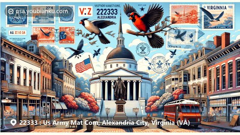 Modern illustration of Alexandria, Virginia, highlighting ZIP code 22333 and the George Washington Masonic National Memorial, set amidst Old Town Alexandria's historical ambiance with cobblestone streets, antique shops, and charming restaurants, featuring Virginia state symbols like the Northern Cardinal, American Dogwood, and state flag, all encompassed within a vintage airmail envelope with memorial stamps, postal cancellation mark, and mail delivery truck in the background.