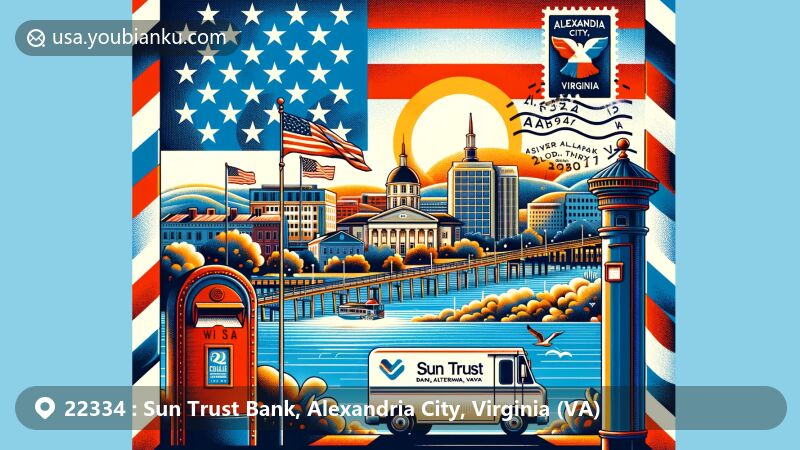 Modern illustration of Alexandria City, Virginia, featuring airmail envelope with Virginia state flag, Old Town streets, and Potomac River. Stamp shows ZIP code 22334 Sun Trust Bank, postmark visible. Mailbox and mail truck included.