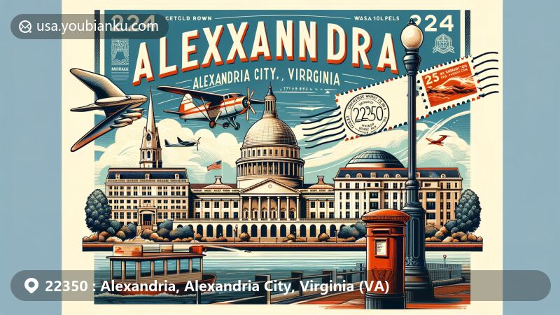 Modern illustration of Alexandria, Virginia, showcasing iconic Old Town architecture and the George Washington National Masonic Memorial, with vintage postal elements and rich history.