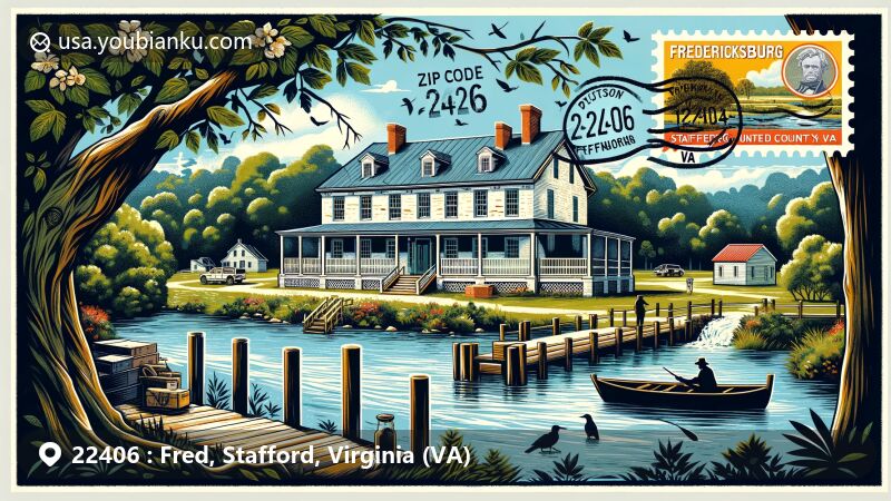 Modern illustration of ZIP code 22406, Fredericksburg, Stafford County, Virginia, showcasing historical Chatham Manor and serene Widewater State Park in a vibrant postcard format with a vintage stamp and postal mark.