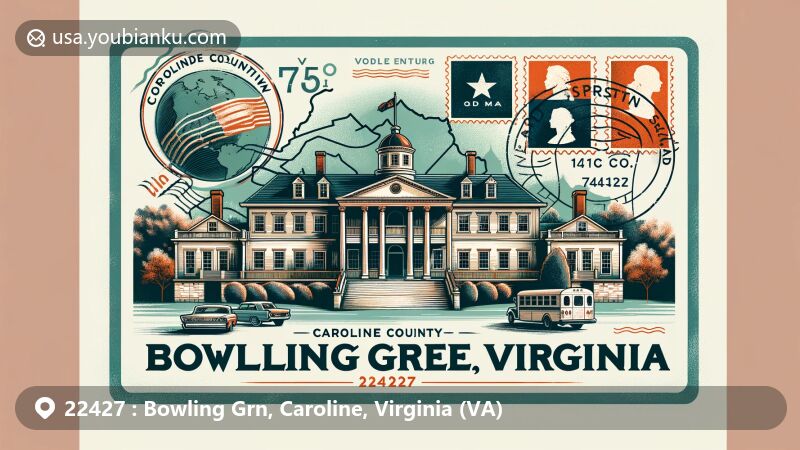 Modern illustration of Bowling Green, Virginia, featuring Old Mansion as central historical landmark, surrounded by elements representing Caroline County and Virginia, including county outline and state flag, with subtle integration of postal elements like stamps, postmarks, and ZIP Code 22427.