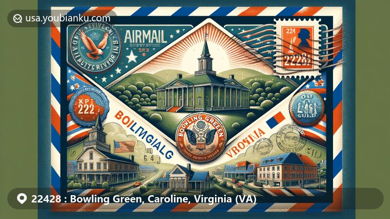 Modern illustration of Bowling Green, Virginia, featuring airmail envelope with historic landmarks, Virginia state flag elements, ZIP code 22428, and postmarks.