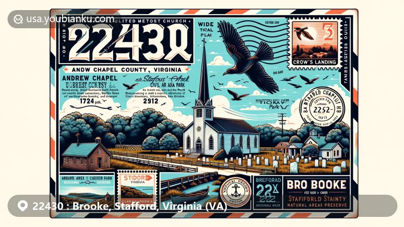 Modern illustration of Brooke, Stafford County, Virginia, featuring landmarks like Andrew Chapel United Methodist Church and Cemetery, Stafford Civil War Park, Crow's Nest Natural Area Preserve, and Aquia Landing Park, showcasing the unique natural and historical landscape.
