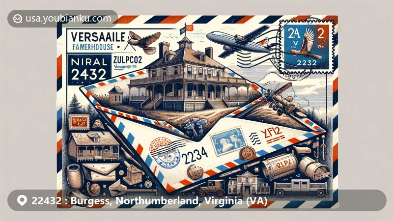Modern illustration of ZIP code 22432, Burgess, Northumberland County, Virginia, featuring creatively themed airmail envelope with Versailles farmhouse and Victorian era farmhouse outlines, highlighting area's historical significance.