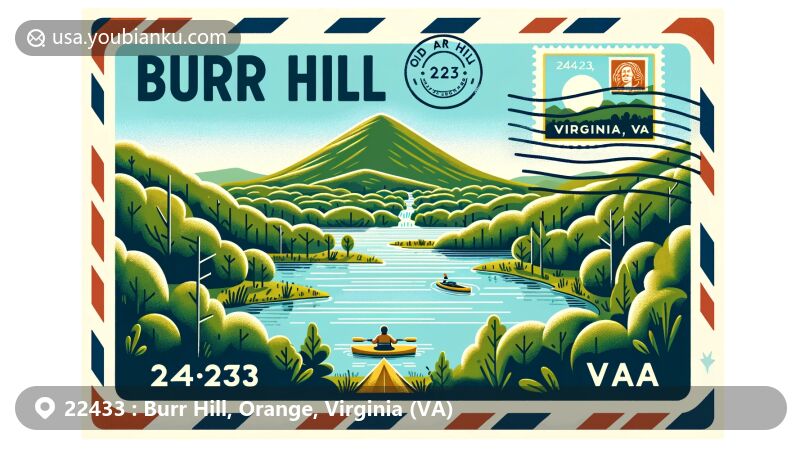 Modern illustration of Old Rag Mountain, Burr Hill, Virginia, featuring lush forests and a serene pond within an air mail envelope theme, with prominent '22433 Burr Hill, VA' text and Virginia state flag stamp.