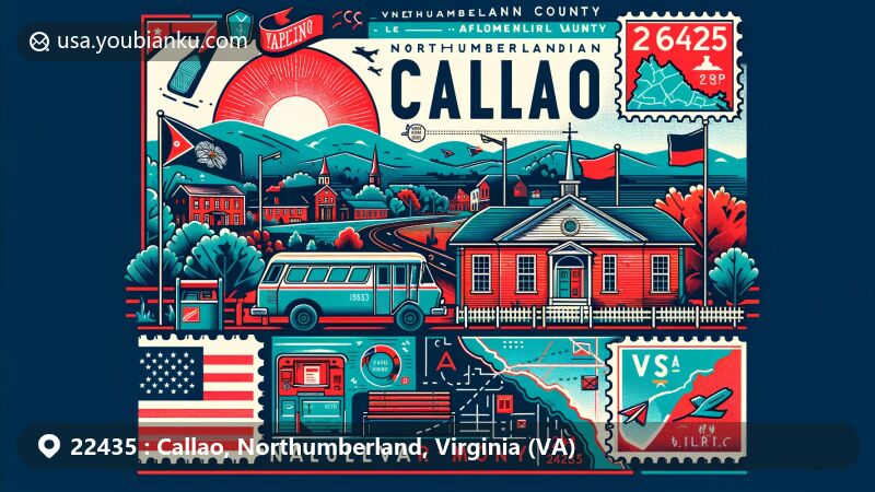 Modern illustration of Callao, Northumberland, Virginia, with ZIP code 22435, featuring local landmarks like Holley Graded School and natural scenery, combined with Virginia state flag and Northumberland County outline.