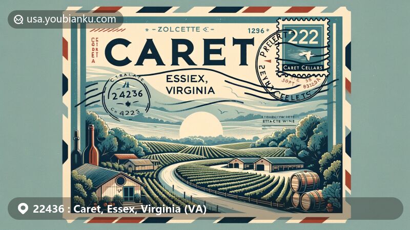 Modern illustration of Caret, Essex County, Virginia, blending postal theme with local winemaking culture, featuring Caret Cellars and Tidewater landscapes.