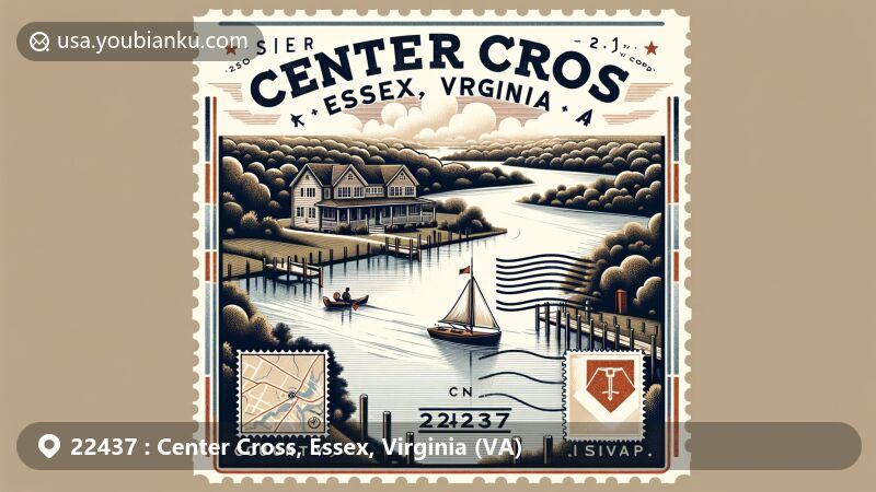 Modern illustration of Center Cross, Essex, Virginia, with ZIP code 22437, featuring Rappahannock River's beauty and a postcard theme, integrating the county shape and riverside community essence.