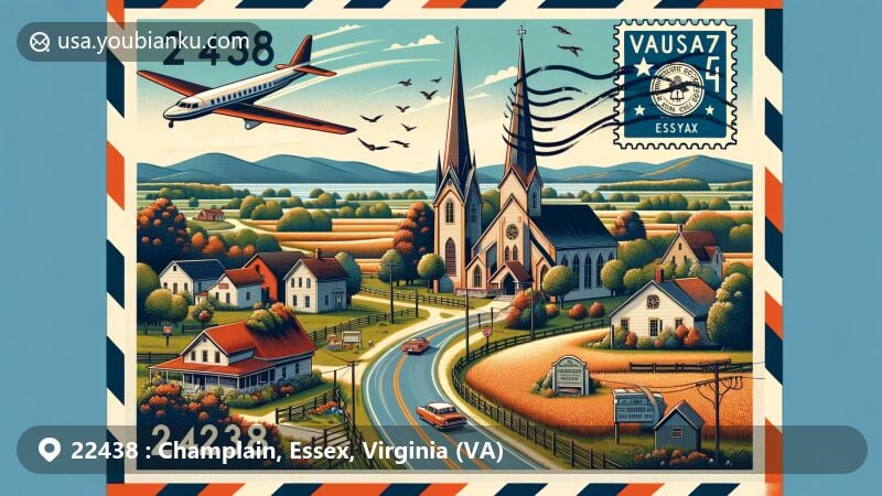 Modern illustration of Champlain, Essex, Virginia, showcasing postal theme with ZIP code 22438, featuring Glebe House, St. Anne's Parish, St. Matthew's Church, Linden, and Vauter's Episcopal Church.