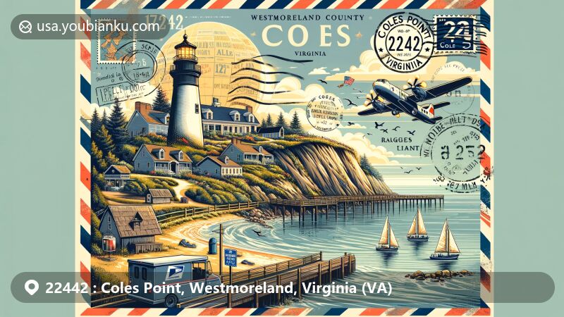 Modern illustration of Coles Point, Virginia, showing unique peninsula on Potomac River with Ragged Point Beach, including iconic Ragged Point Light lighthouse, postal theme with ZIP code 22442.