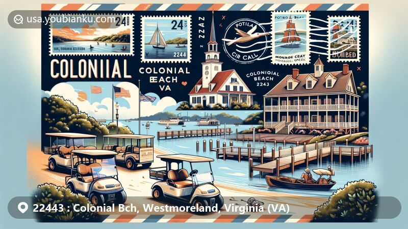 Modern illustration of Colonial Beach, Virginia, showcasing the ZIP code 22443, featuring the Potomac River, Monroe Bay, and Monroe Creek. Includes the historic Bell House, Colonial Beach Municipal Pier, and iconic golf carts.