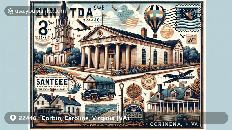 Modern illustration of Corbin, Virginia, displaying postal theme with ZIP code 22446, featuring Grace Episcopal Church and Santee plantation, iconic landmarks in Caroline County. Includes vintage airmail elements, postal markings, mailbox, and stamp with Virginia state flag.