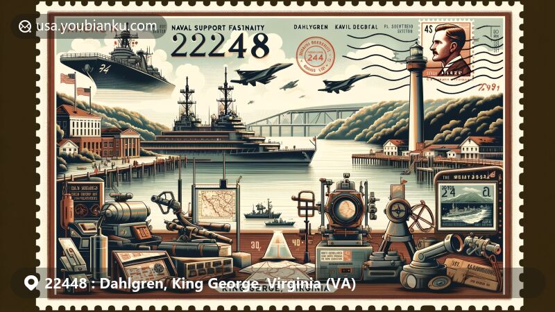 Modern illustration of Dahlgren, King George, Virginia, featuring Naval Support Facility Dahlgren, historical naval guns, Norden bombsight, and the Potomac River, with military and scientific achievements like computational devices and Aegis Combat System.