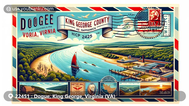 Modern illustration of Dogue, King George County, Virginia, with a ZIP code 22451, highlighting scenic beauty of Potomac and Rappahannock Rivers, indigenous peoples, colonial heritage, and vintage air mail theme.
