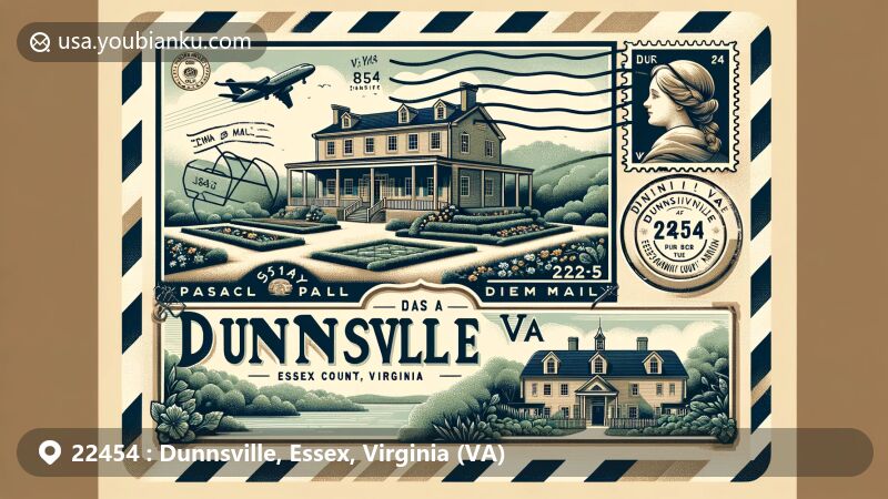 Modern illustration of Dunnsville, Essex County, Virginia, featuring vintage air mail envelope with ZIP code 22454 and Ben Lomond manor, surrounded by lush gardens and Rappahannock River hints.