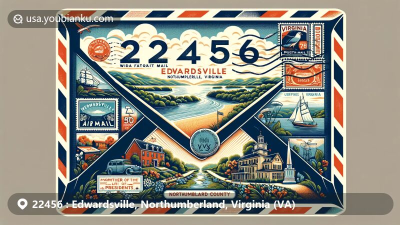 Modern illustration of Edwardsville, Northumberland County, Virginia, featuring vintage air mail envelope with postal stamps and postmark highlighting ZIP code 22456. Depicts iconic Virginia elements like Chesapeake Bay, lush landscapes, wildlife, and historical connection as 'Mother of Presidents'. Vibrant and detailed design suitable for web use, capturing essence of Edwardsville and Virginia's natural beauty and historical significance.