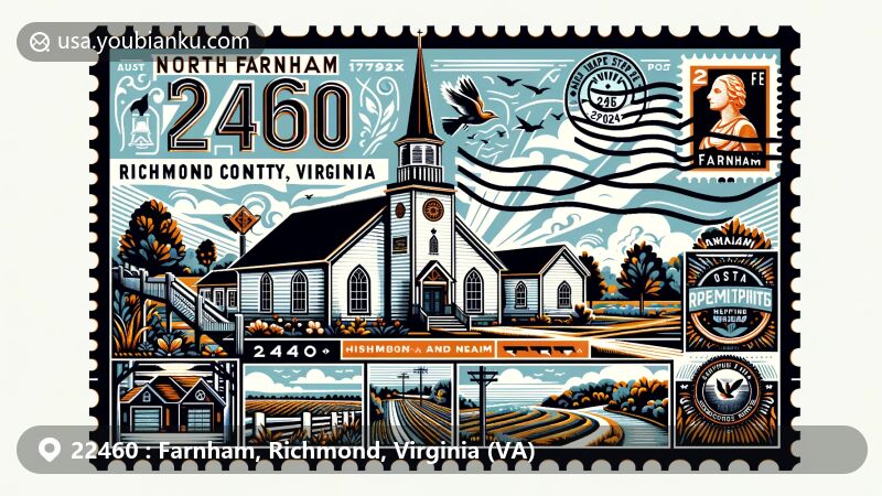 Modern illustration of Farnham, Richmond County, Virginia, highlighting historical significance and natural beauty, featuring North Farnham Church and rural charm.