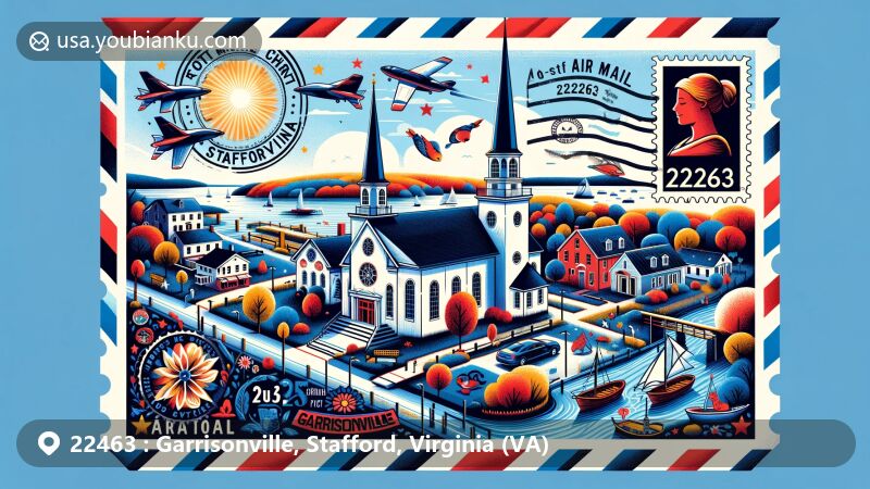 Modern illustration of Garrisonville, Stafford County, Virginia, showcasing postal theme with ZIP code 22463, featuring Aquia Church, Potomac Point Winery, and Widewater State Park.