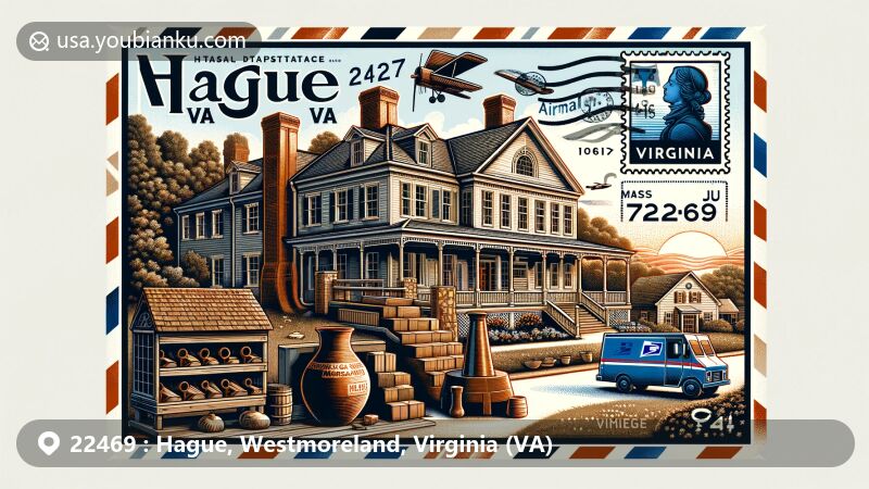 Modern illustration of Hague, Virginia, showcasing historical and postal features of ZIP code 22469, including Mount Pleasant home, Morgan Jones 1677 Pottery Kiln, and Virginia state flag.