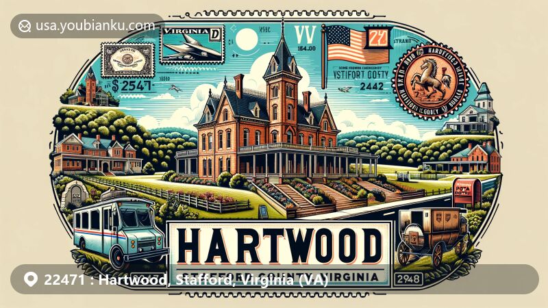 Illustration of Hartwood Manor in ZIP code 22471, Stafford County, Virginia, blending Gothic Revival architecture with vintage postal themes and lush Virginia landscapes.