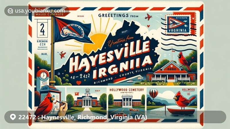 Modern illustration of Haynesville, Richmond County, Virginia, capturing the essence of a peaceful, unincorporated community. Features the Virginia state flag and key landmarks from Richmond, VA, in a vintage postcard layout with a postal theme.