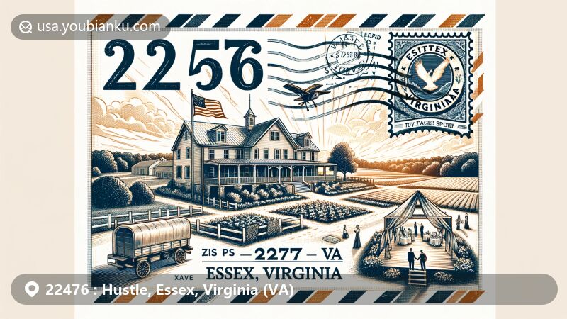 Modern illustration of Hustle, Essex County, Virginia, featuring Farm 1750 landmark with historic charm, known for weddings and events, showcasing rustic farmhouse, fields, and outdoor wedding setup.