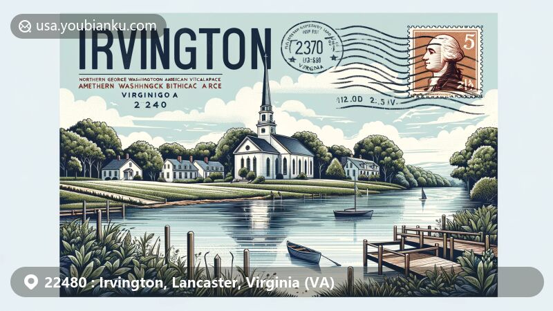 Modern illustration of Irvington, Lancaster County, Virginia, highlighting ZIP code area '22480', featuring Christ Church and the Rappahannock River, blending historical landmarks with lush natural setting and local wine-making culture.