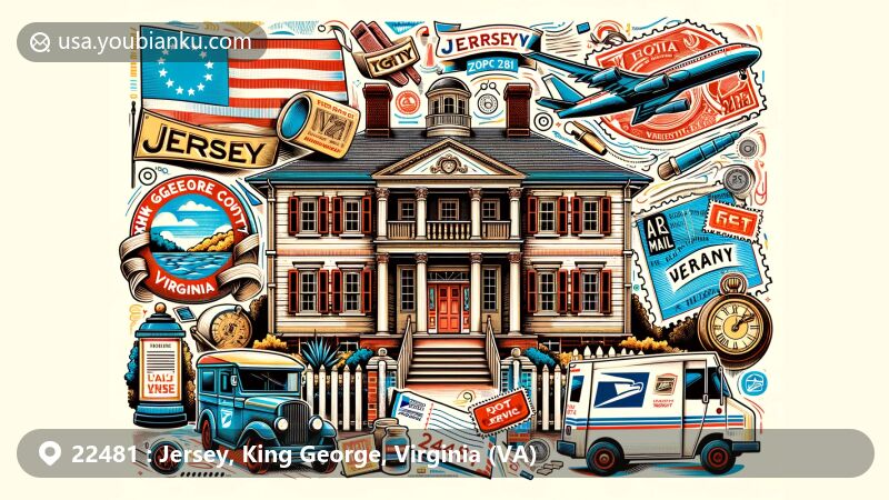 Modern illustration of Jersey, King George County, Virginia, showcasing Federal-style architecture of historic home Rokeby, Virginia state flag, postal motifs, and ZIP Code 22481.