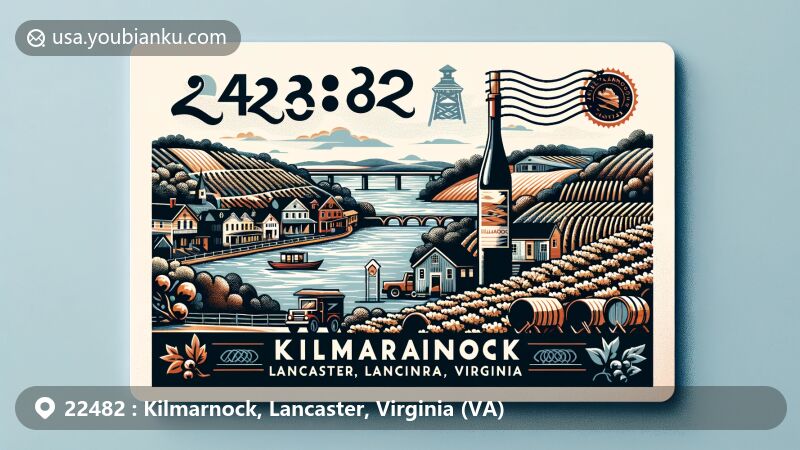 Modern illustration of Kilmarnock, Lancaster County, Virginia, showcasing postal theme with ZIP code 22482, featuring Rappahannock River, vineyards, and wine bottles.