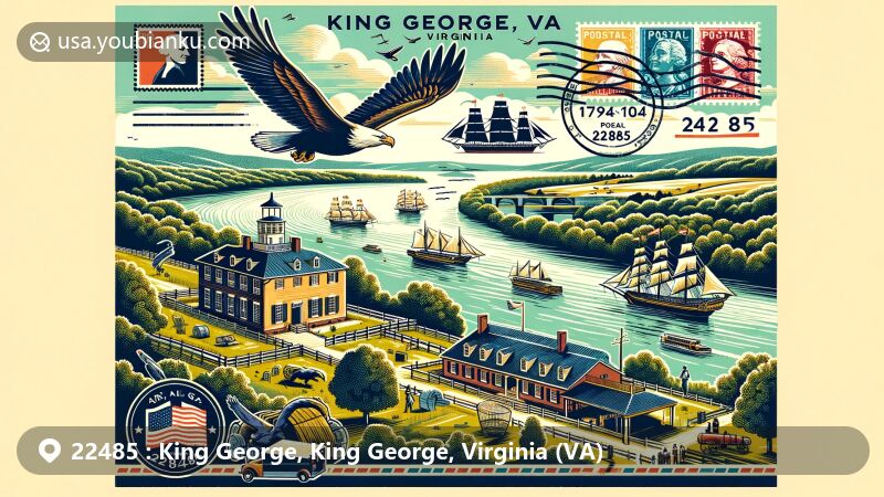 Modern illustration of Eagle's Nest in King George, Virginia, highlighting the postal theme of ZIP Code 22485. The artwork combines local landmarks with vintage air mail elements, showcasing the historic site against a scenic backdrop.
