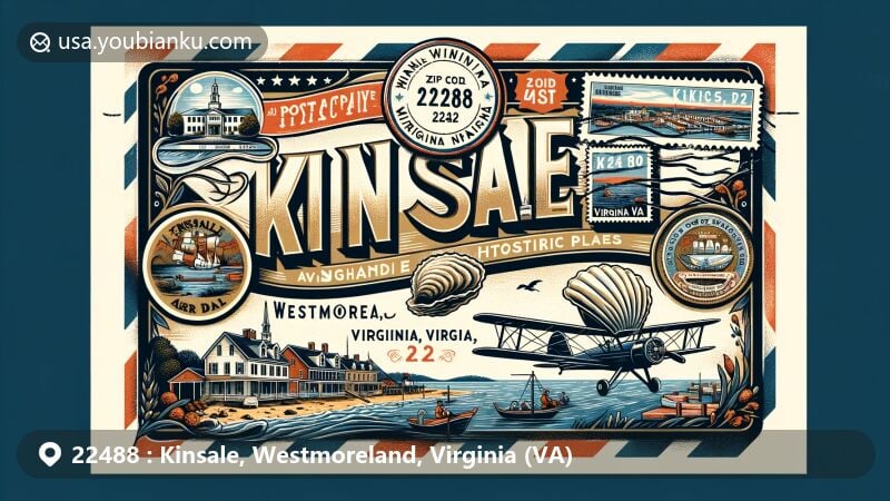 Modern illustration of Kinsale, Westmoreland County, Virginia, with ZIP code 22488, showcasing historic charm of Kinsale's Historic District, War of 1812 connection, Irish namesake, and oyster industry.