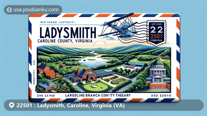 Modern illustration of Ladysmith, Caroline County, Virginia, highlighting ZIP code 22501 with vintage air mail envelope featuring lush greenery and iconic landmarks like Pendleton Golf Club, Caroline Community Theater, and Ladysmith Branch Library.