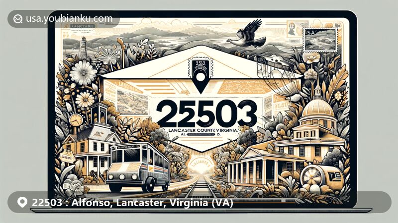 Modern illustration of Alfonso area in Lancaster County, Virginia, showcasing postal theme with ZIP code 22503, featuring Belle Isle State Park, Lancaster Court House Historic District, and homage to Black history.