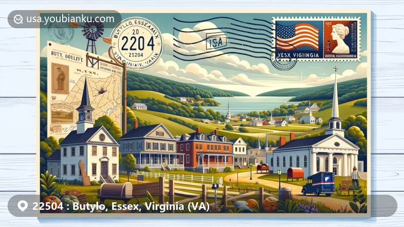 Modern illustration of Butylo Bluff, Tappahannock Historic District, St. Margaret's School, and St. John's Episcopal Church in ZIP code 22504, Essex County, Virginia. Features vintage postcard style with Virginia state flag postage stamp, Butylo postmark, mailbox, and delivery truck.