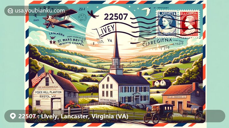 Contemporary illustration of Lively, Virginia, showcasing historical landmarks like Fox Hill Plantation and St. Mary's, Whitechapel, set against the serene landscape of Lancaster County with a modern postal theme. Includes elements related to Mary Ball Washington's birthplace and agricultural heritage.