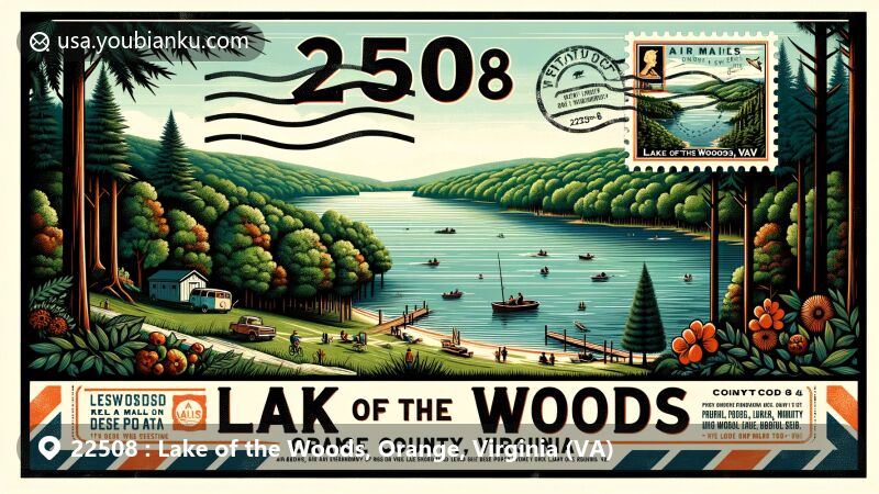 Vibrant illustration of Lake of the Woods, Orange County, Virginia, with ZIP code 22508, showcasing lush forests, calm waterways, outdoor activities, and a vintage postal theme.