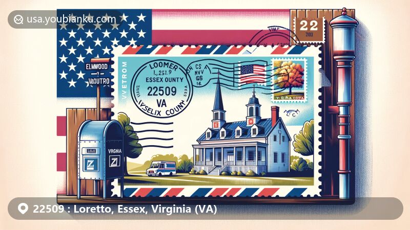 Modern illustration of a postcard with Virginia state flag background, featuring Elmwood plantation house, Vauter's Episcopal Church in Loretto. Stamp reads “22509 Loretto, VA” with Essex County postal mark.