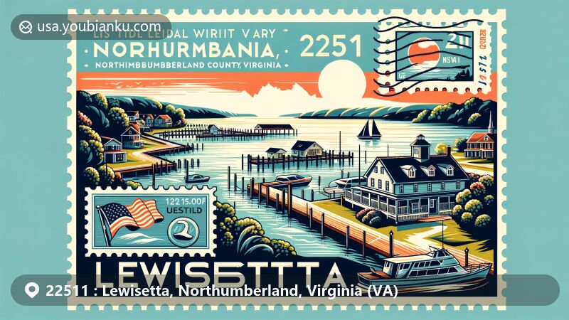 Modern illustration of Lewisetta, Northumberland County, Virginia, capturing the charm of ZIP code 22511, featuring a scenic view of the tidal Potomac River and local maritime culture.