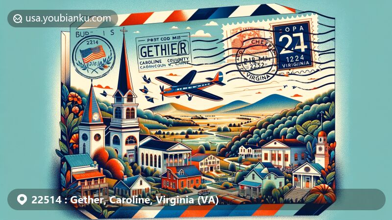 Modern illustration of Gether, Caroline County, Virginia, featuring postal theme with ZIP code 22514, showcasing airmail envelope design with local culture and landmarks like Shiloh Church and Mount Hermon Church.