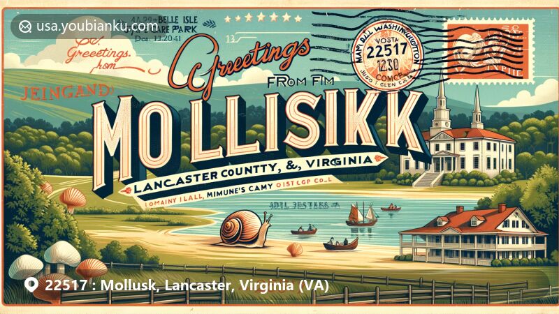 Vintage-style postcard illustration of Mollusk, Lancaster County, Virginia, featuring Belle Isle State Park and Mary Ball Washington Museum & Library, embracing historical and natural charm.